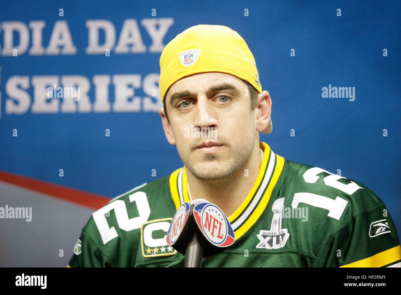 Green Bay Packers quarterback Aaron Rodgers am Super Bowl Medientag im Cowboys Stadium am 1. Februar 2011 in Arlington, Texas. Foto von Francis Specker Stockfoto