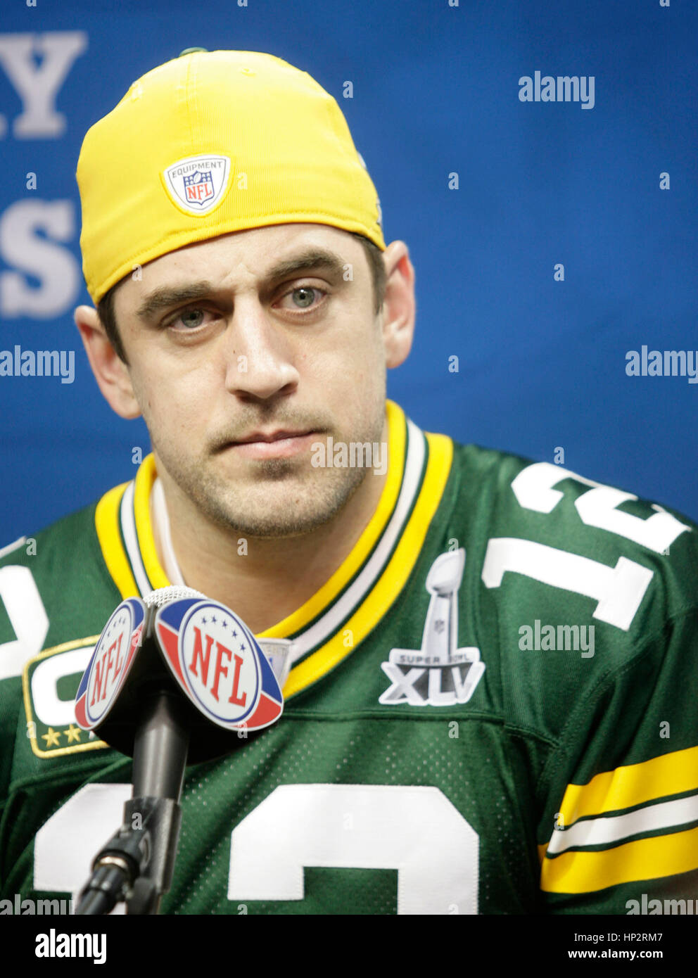Green Bay Packers quarterback Aaron Rodgers am Super Bowl Medientag im Cowboys Stadium am 1. Februar 2011 in Arlington, Texas. Foto von Francis Specker Stockfoto