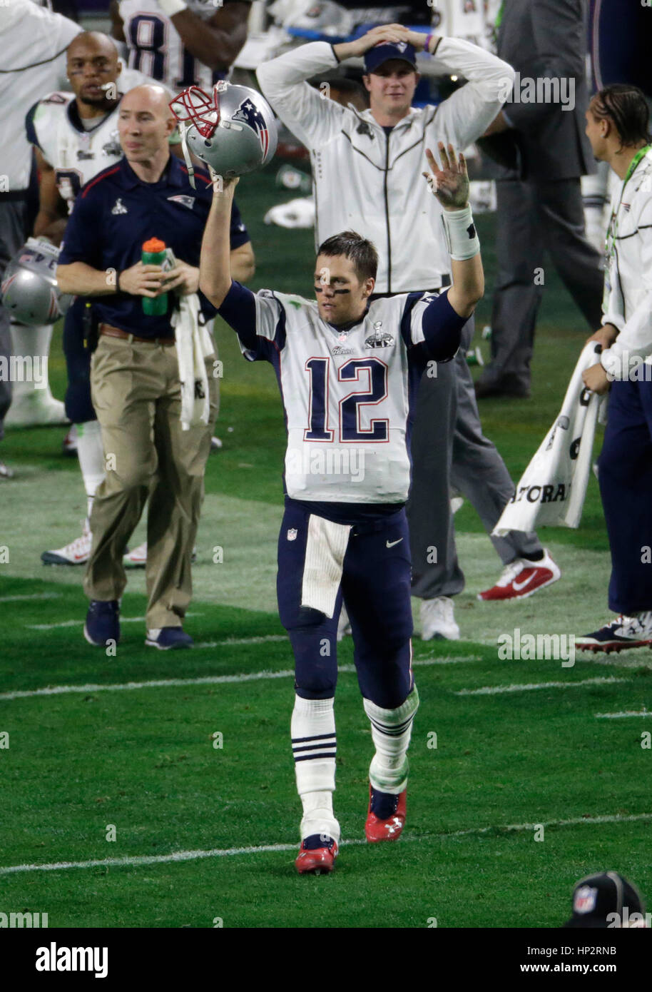 Patriots Quarterback Tom Brady feiert Sieg im Super Bowl 49 am 1. Februar 2015 in Glendale, Arizona. Foto von Francis Specker Stockfoto
