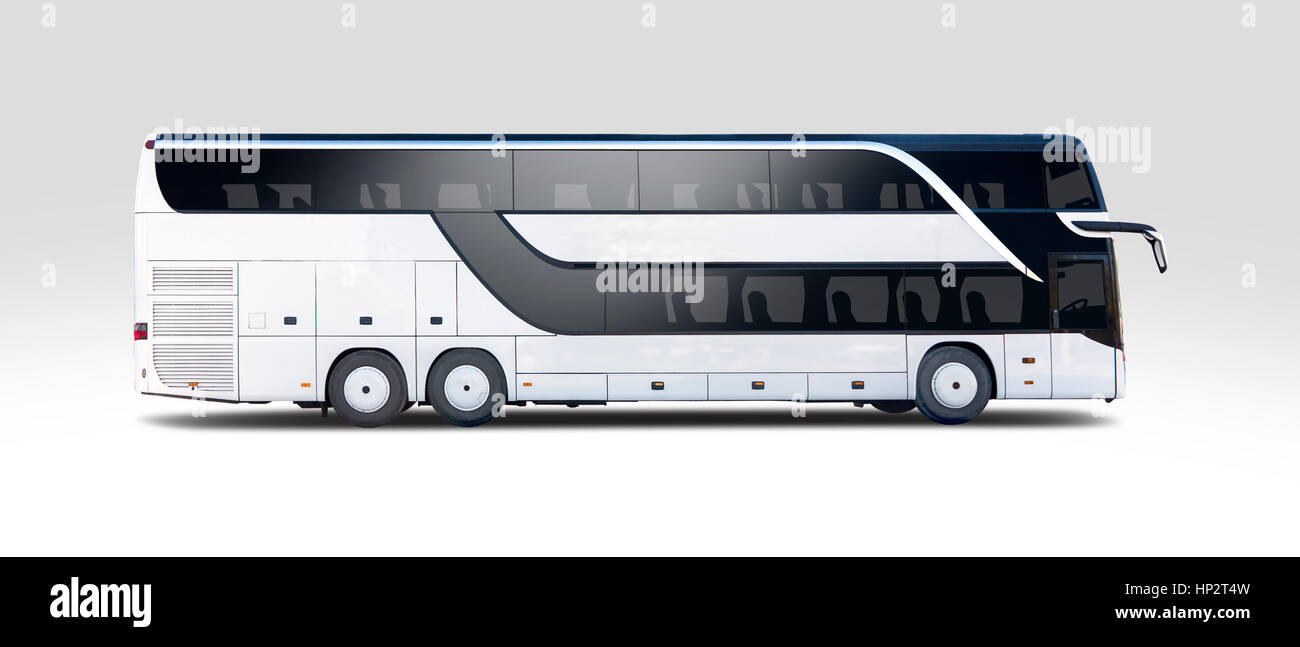 Weiß zwei Ebenen Bus Seitenansicht isoliert auf weiß Stockfoto