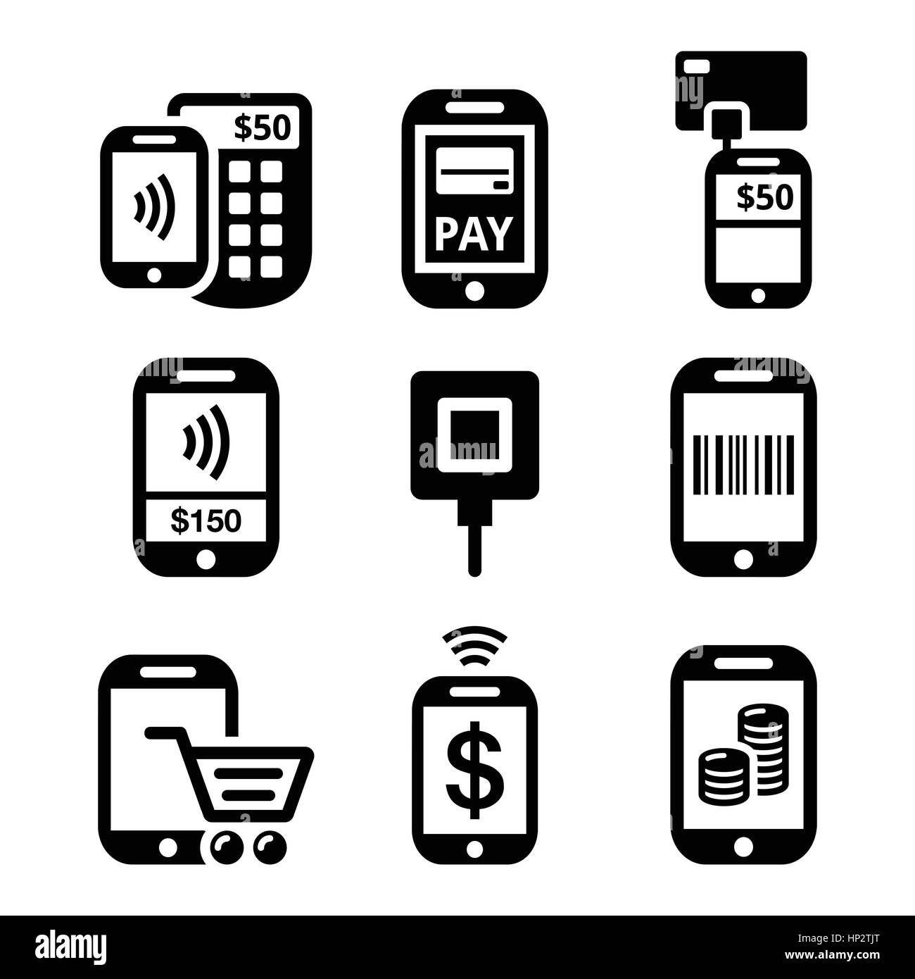 Handy oder Handy Zahlungen online mit Smartphone-Icons zu bezahlen.  Vektor-Icons Set Mobile Web Zahlungen (WAP) isoliert auf weiss Stock Vektor