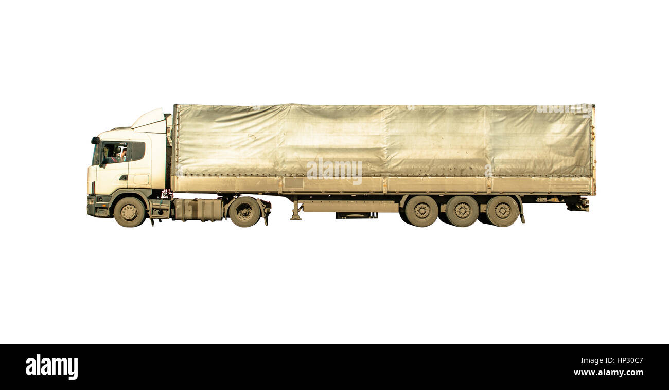 lange schmutzig van LKW auf weißen Hintergrund isoliert Stockfoto