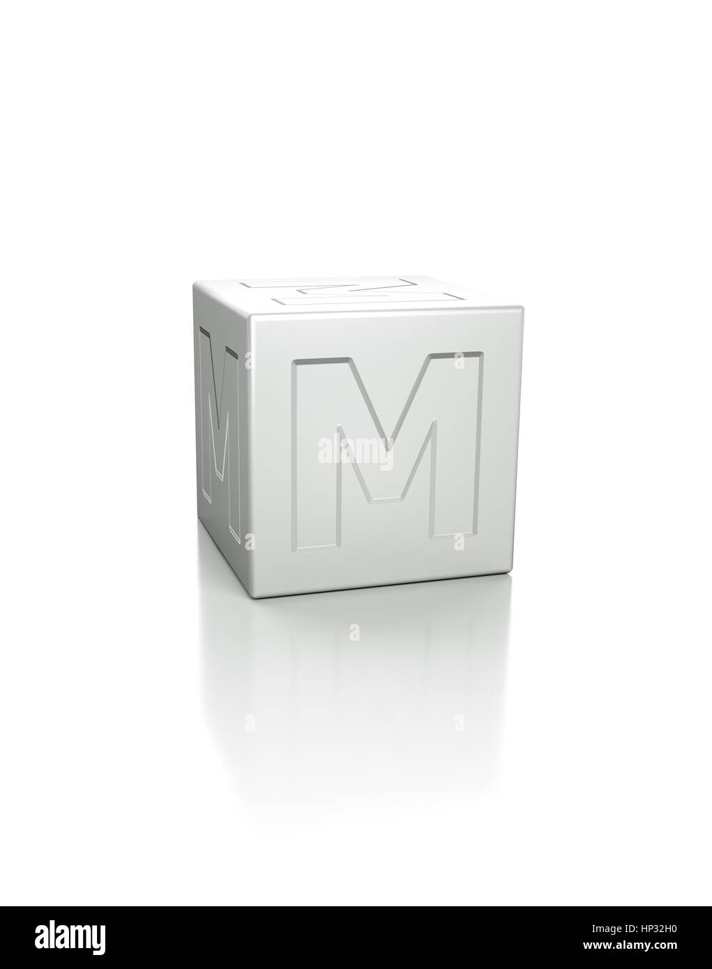 Cube mit dem Buchstaben M geprägt. Stockfoto