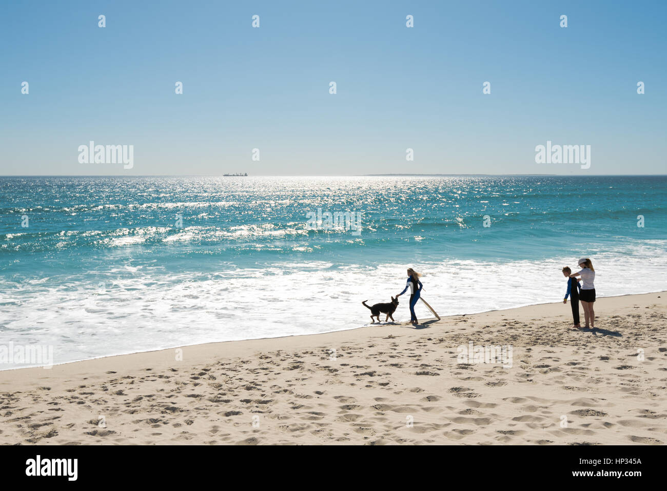 Cape Town, South Africa - 15. November 2016: zwei nicht identifizierte Kinder bereit, den Atlantischen Ozean zum Surfen mit ihrer Mutter und ihrem Hund o eingeben Stockfoto