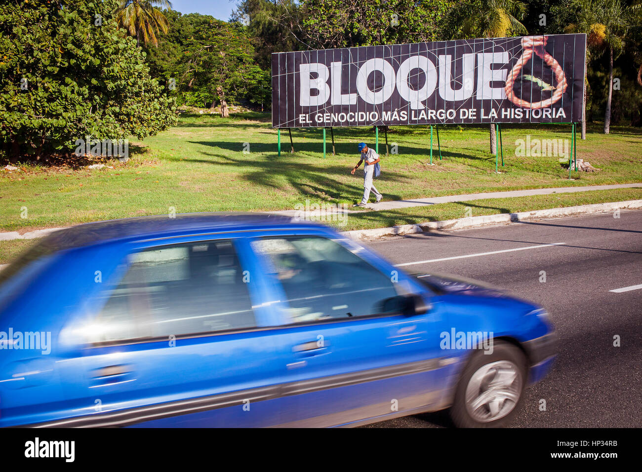 Politische Botschaft, Propaganda, über Blockade, La Habana, Kuba Stockfoto