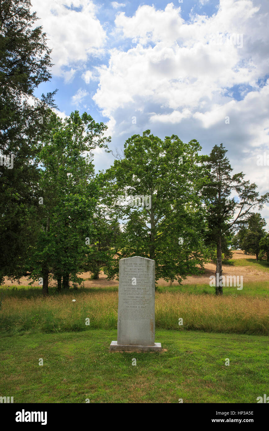 Marker mit Blick auf das Feld, wo die Armee des Mississippi Union kämpften, Kräfte am Perryfield Battlefield State Historic Site Stockfoto