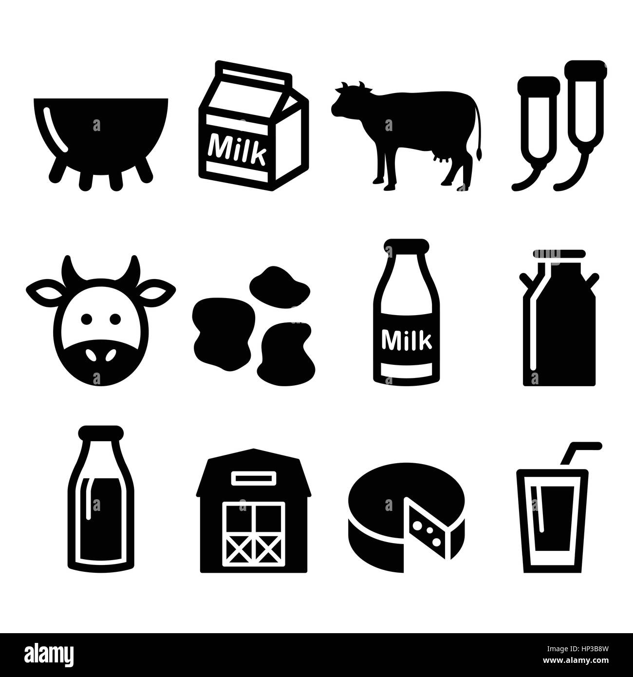 Herstellung von Käse, Milch, Kuh-Vektor-Icons Set. Bauernhoftiere - Kühe Symbole Satz isoliert auf weiss Stock Vektor