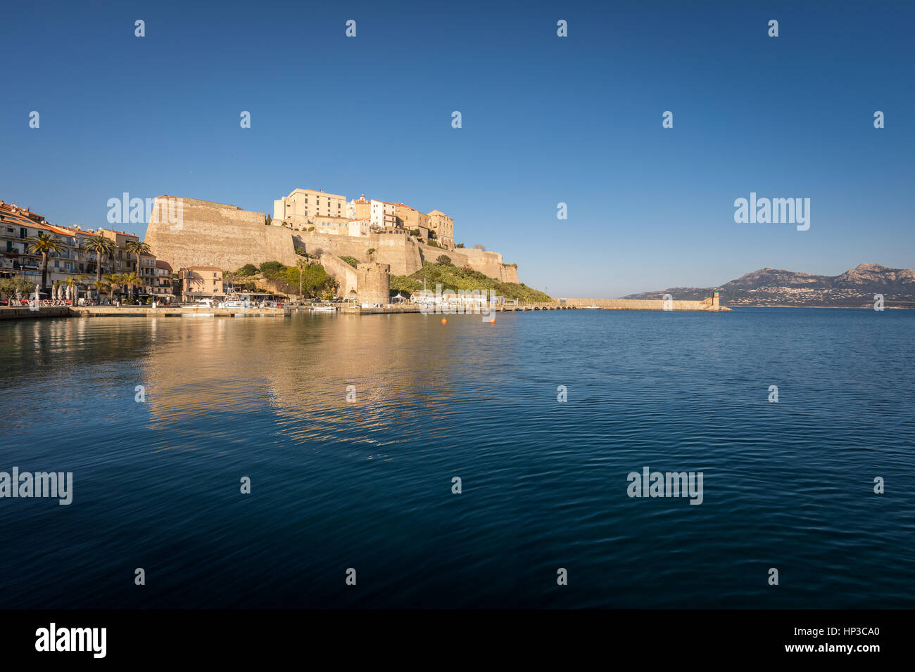 Zitadelle und Hafen Eingang in Calvi in Balagne Region Korsikas mit klaren, blauen Himmel und ruhigem Wasser Stockfoto
