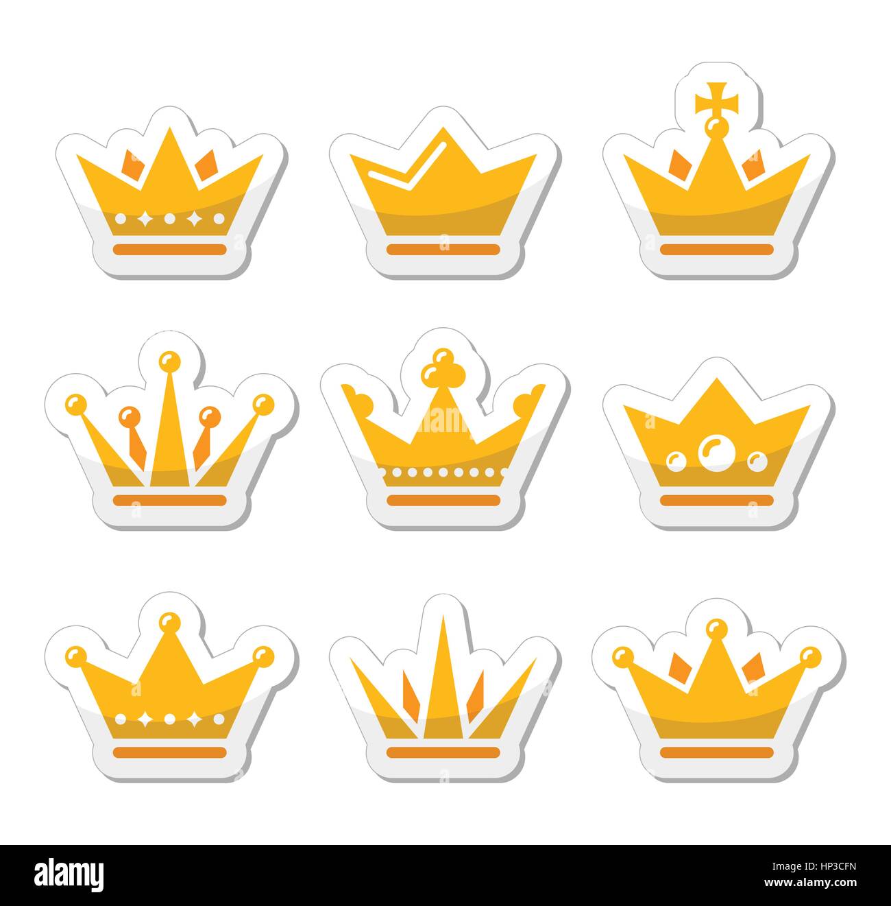 Krone, stellen Königsfamilie gold Icons. König, Königin Krone Vektor-Icons Set isoliert auf weiss Stock Vektor
