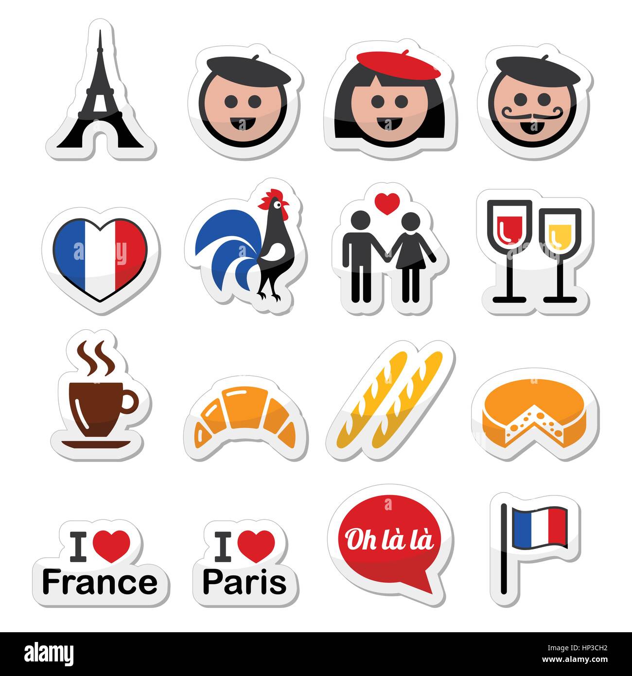 Frankreich, ich liebe Paris-Vektor-Icons Set. Franzosen stellen Frankreich Icons isoliert auf weiss Stock Vektor