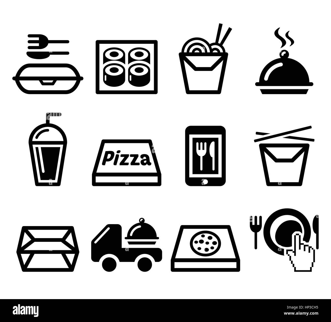 Kasten, Mahlzeit-Vektor-Icons-Set zum mitnehmen. Essen-Icons set - Essen bestellen, Fastfood, isoliert auf weiss Stock Vektor