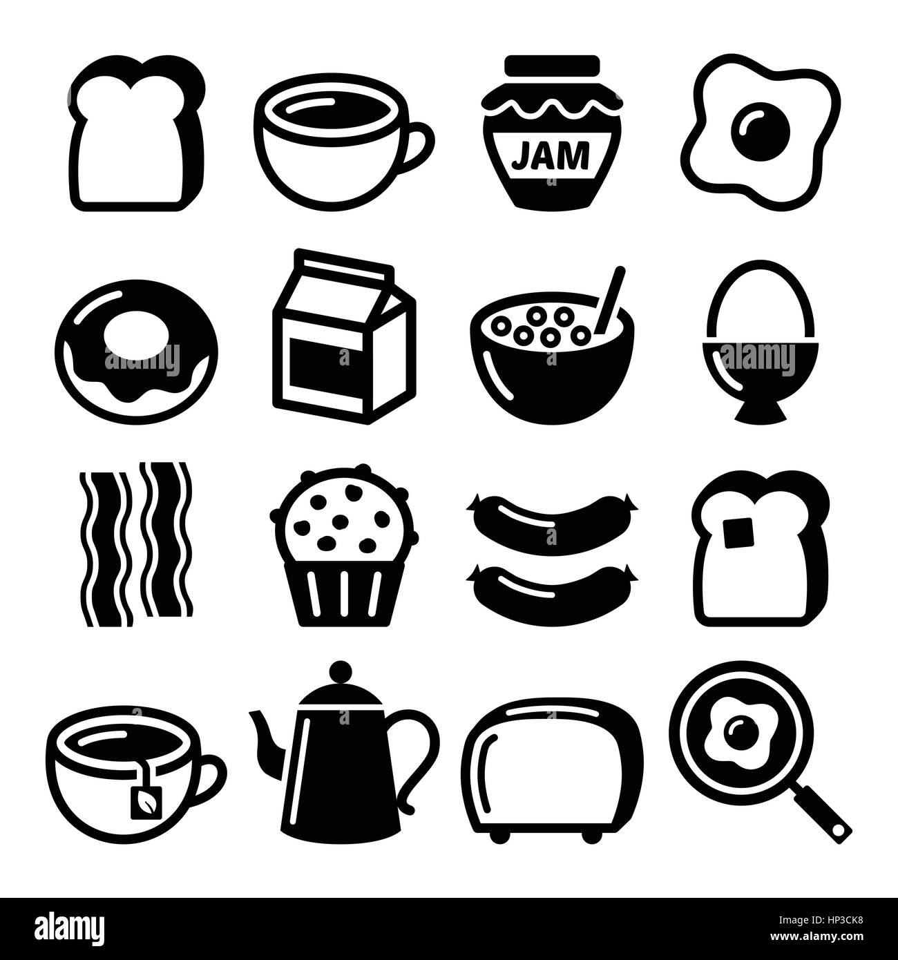 Frühstück Essen Vektor Icons Set - Toast, Eiern, Speck, Kaffee. Vektor Icons Set von verschiedenen Frühstück Essen isoliert auf weiss Stock Vektor