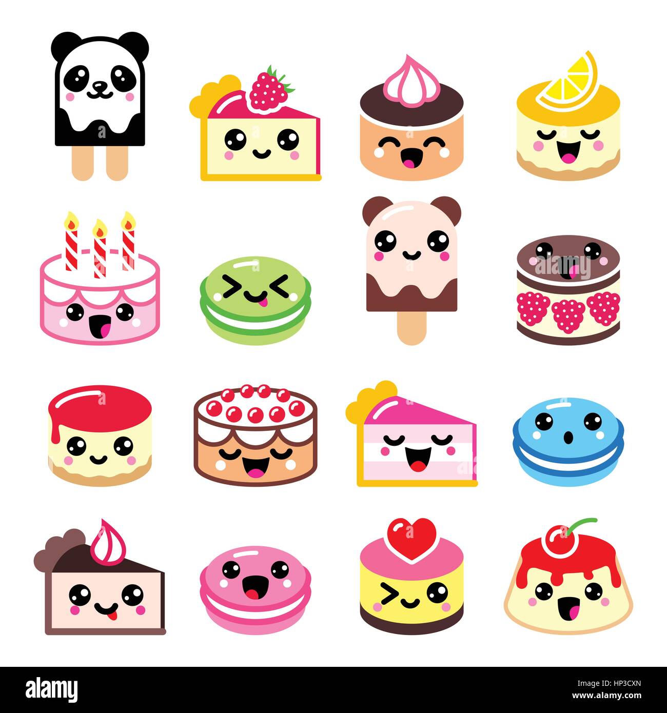 Cute Kawaii-Dessert - Kuchen, Makronen, Eis Icons. Vektor-Icons-Set Kawaii Lebensmittel isoliert auf weiss Stock Vektor
