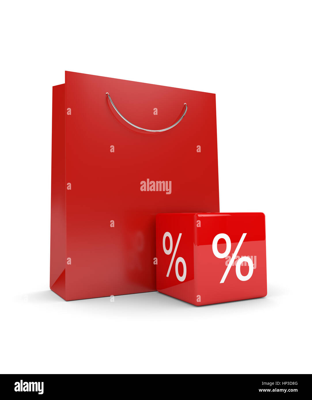 3D-Rendering Einkaufstasche und Rabatt Cube auf weißem Hintergrund Stockfoto
