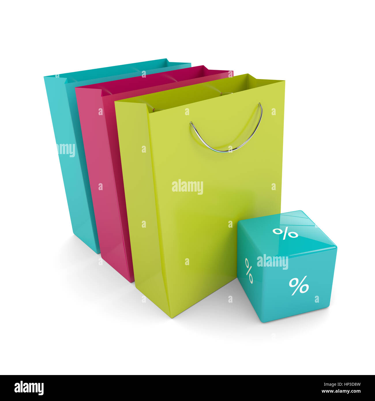 3D Rendering von Einkaufstaschen und Rabatt Cube auf weißem Hintergrund Stockfoto