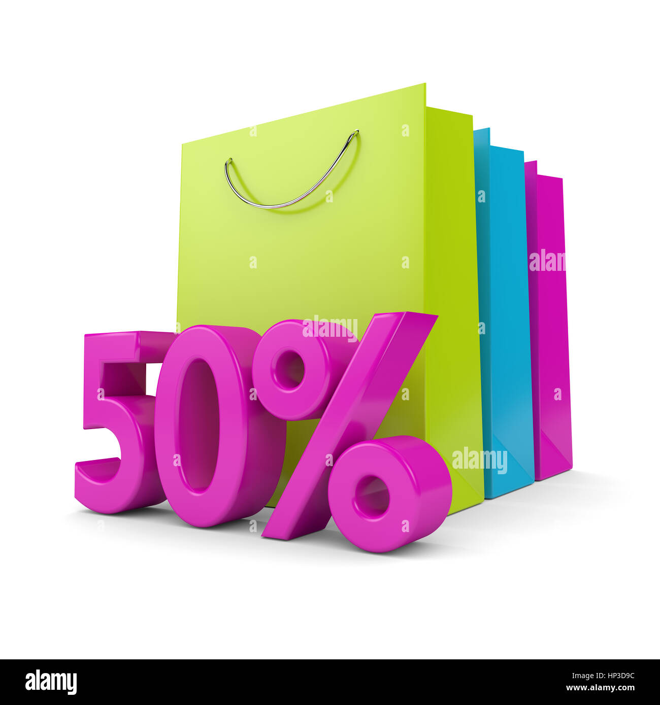 3D-Rendering Einkaufstasche und 50 % Rabatt auf weißem Hintergrund Stockfoto