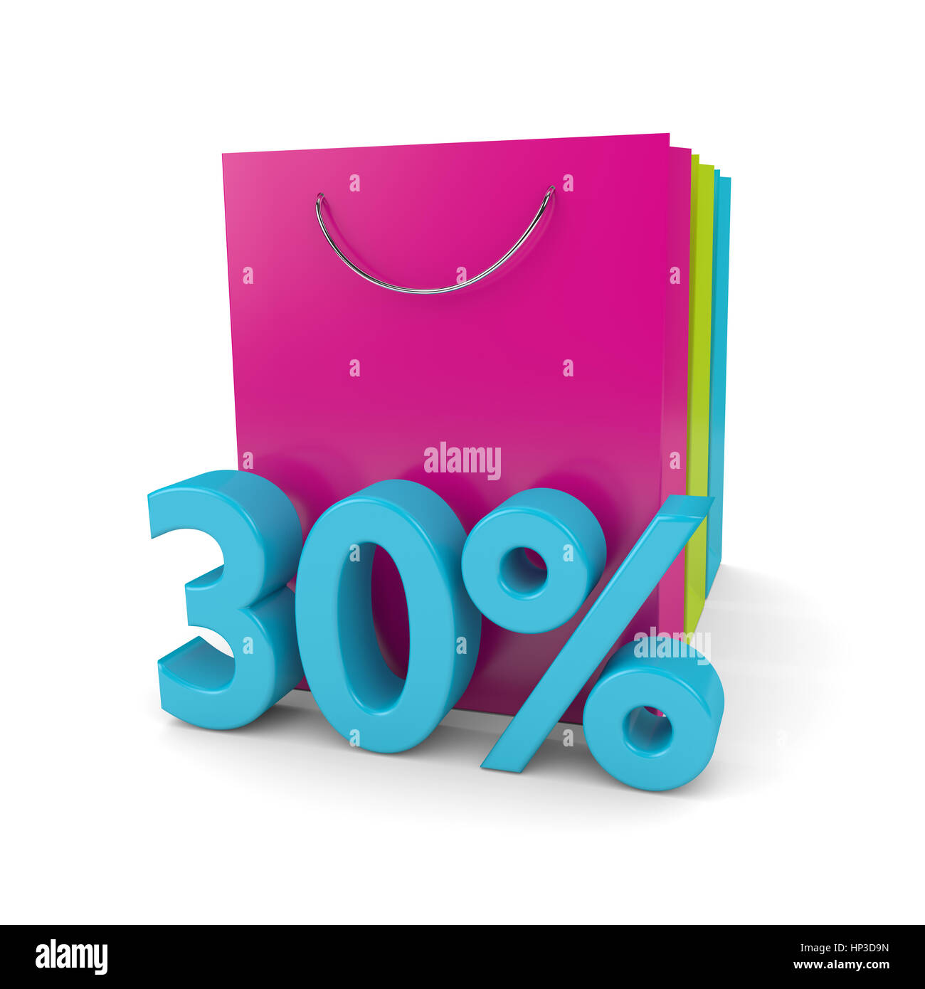 3D Rendering von Einkaufstaschen und Cube 30 % Rabatt auf weißem Hintergrund Stockfoto