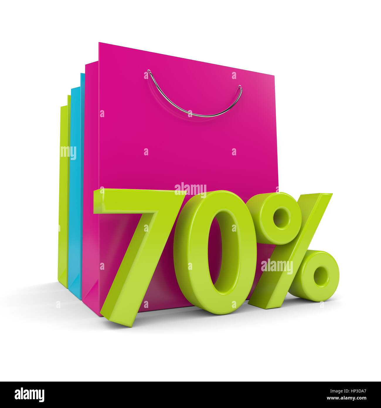 3D-Rendering Einkaufstaschen und 70 % Rabatt auf weißem Hintergrund Stockfoto