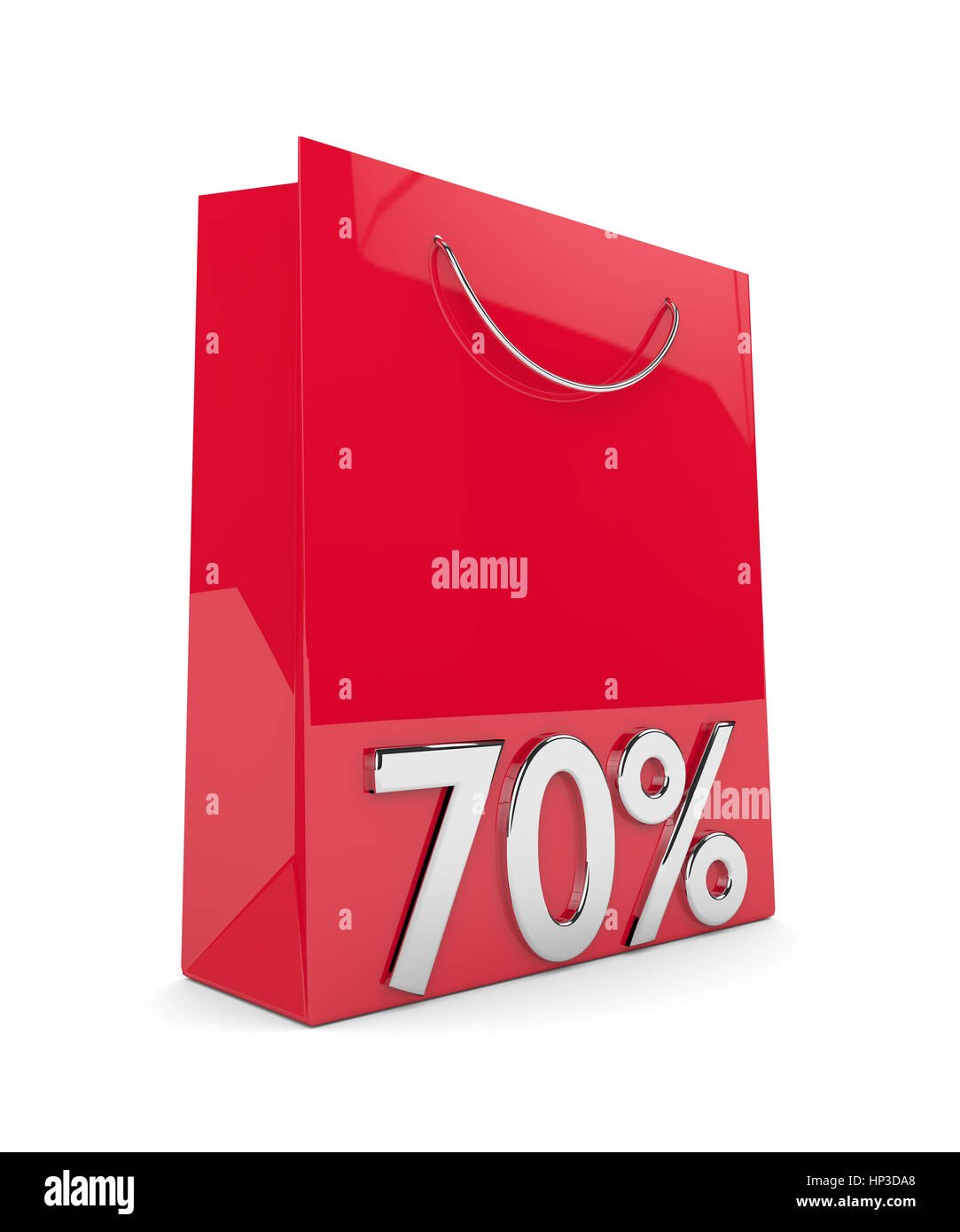 3D-Rendering Einkaufstasche und 70 % Rabatt auf weißem Hintergrund Stockfoto