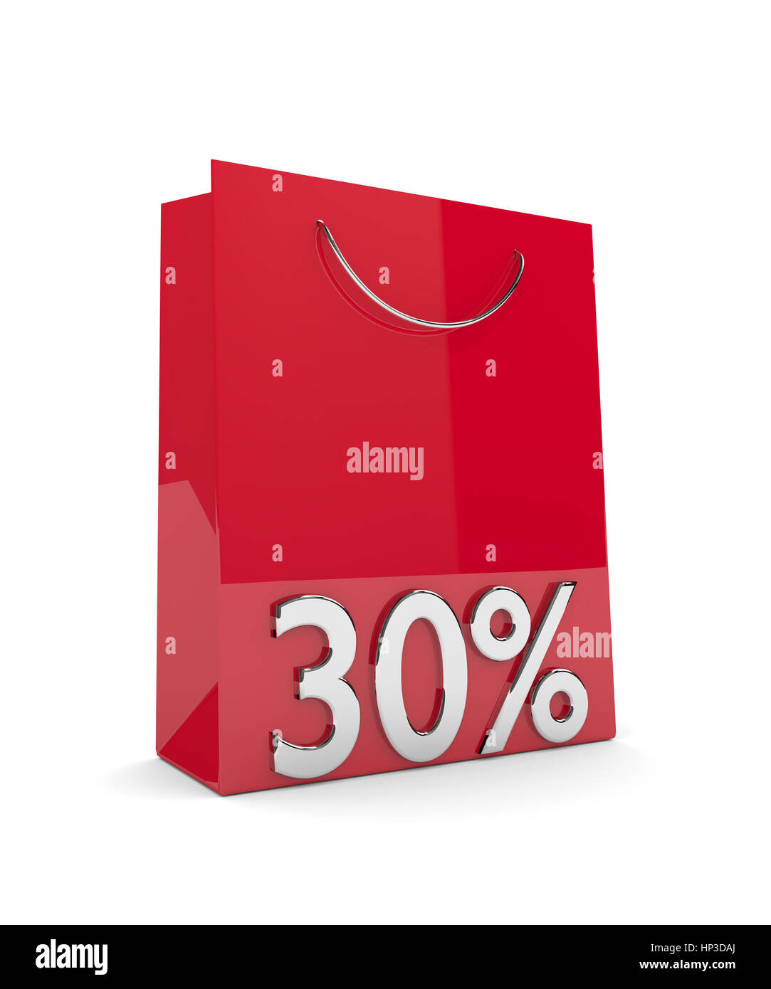 3D-Rendering Einkaufstasche und 30 % Rabatt auf weißem Hintergrund Stockfoto