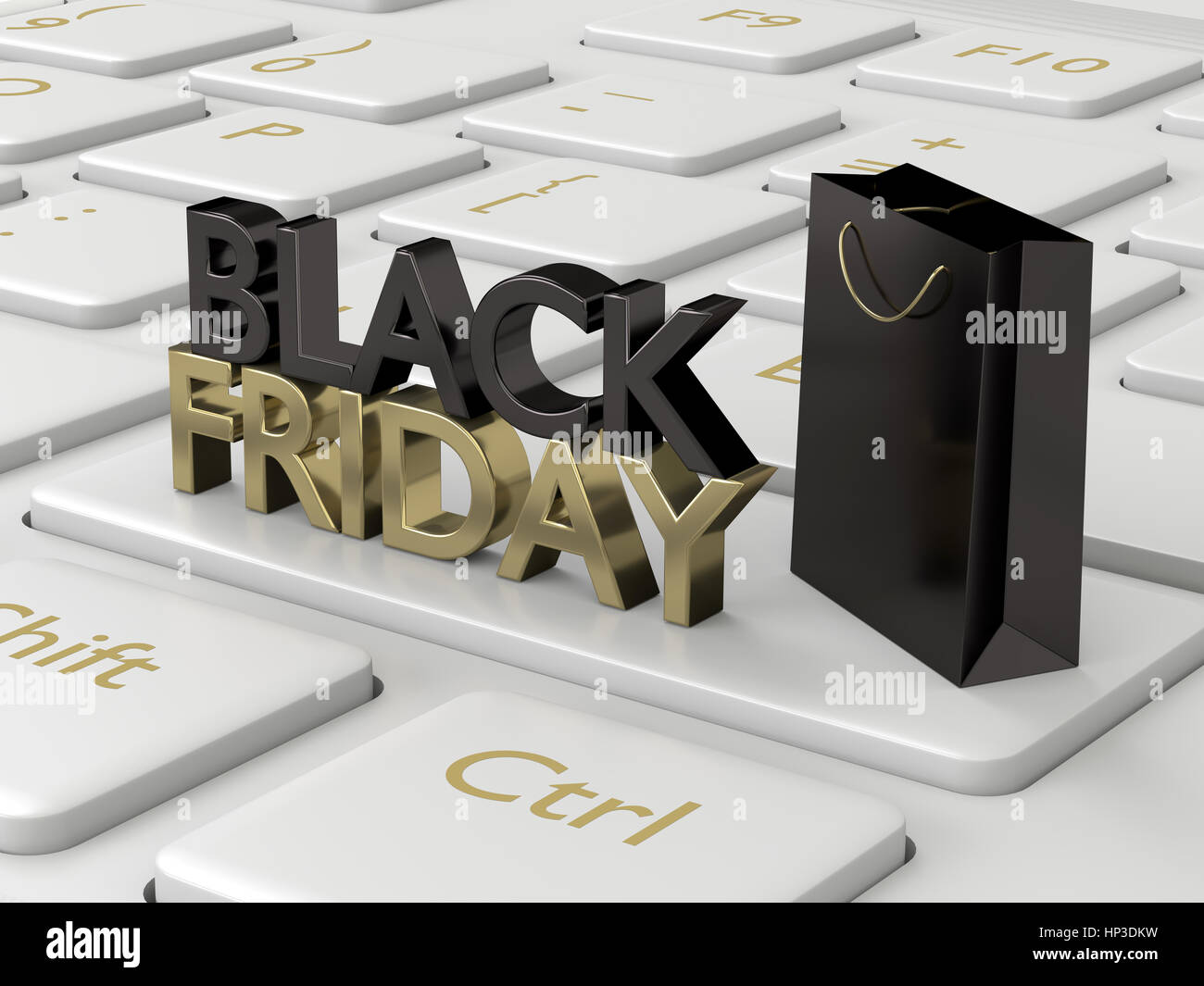 3D-Rendering Computer-Tastatur mit schwarzem Freitag Text und shopping Tasche Stockfoto