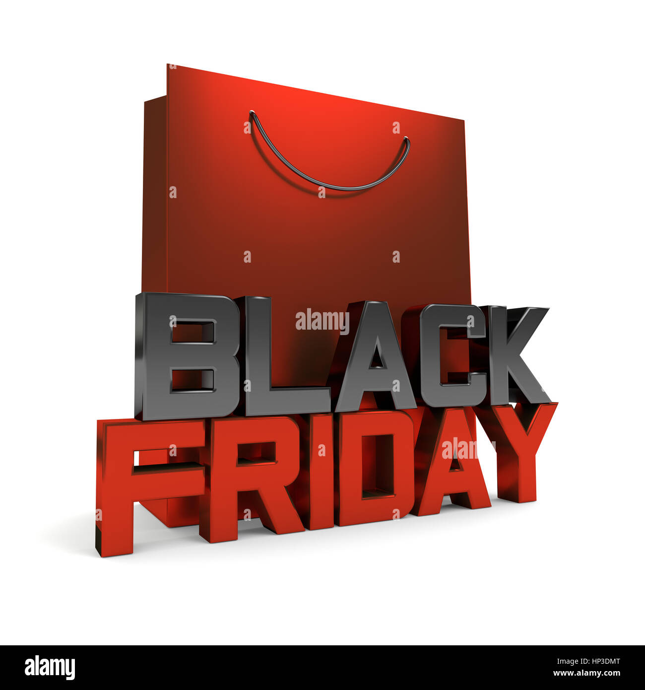 3D-Rendering Einkaufstasche und schwarzer Freitag-Text auf weißem Hintergrund Stockfoto