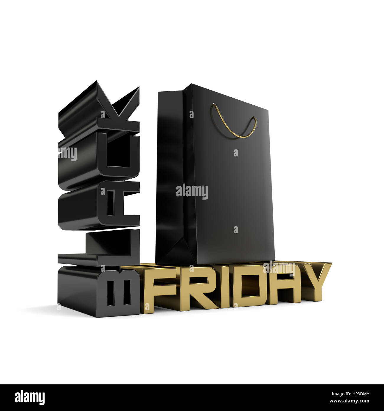 3D-Rendering Einkaufstasche und schwarzer Freitag-Text auf weißem Hintergrund Stockfoto