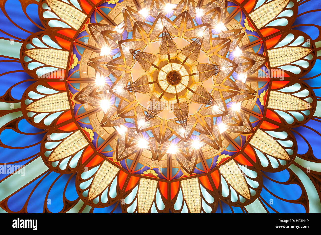 Bunte Patern Hintergrund mit geometrischen Formen. Blaue und gelbe Dreiecke und Bögen Textur Stockfoto