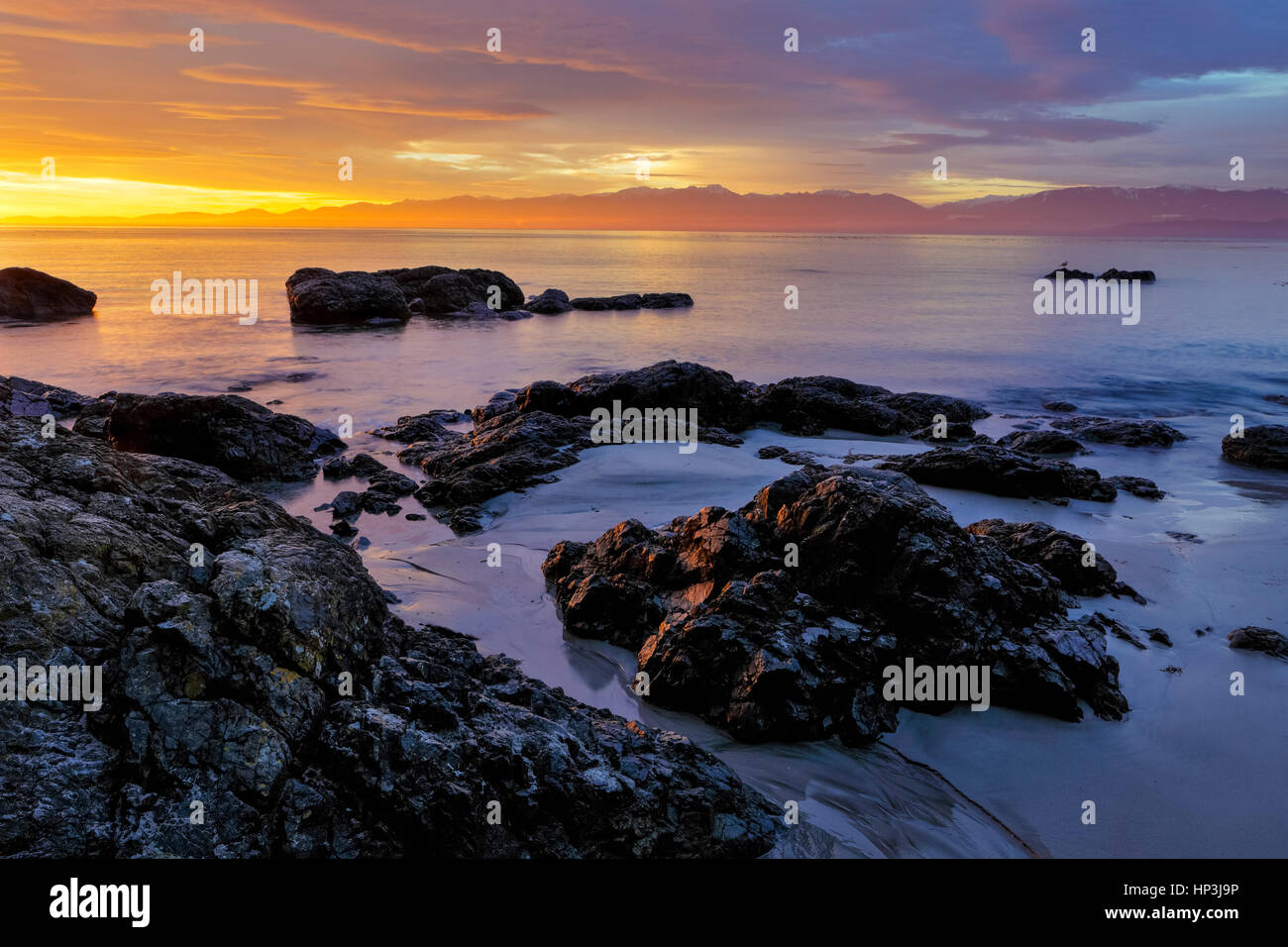 Sonnenaufgang am Aylard Bauernhof Strand-East Sooke Park, Britisch-Kolumbien, Kanada. Stockfoto