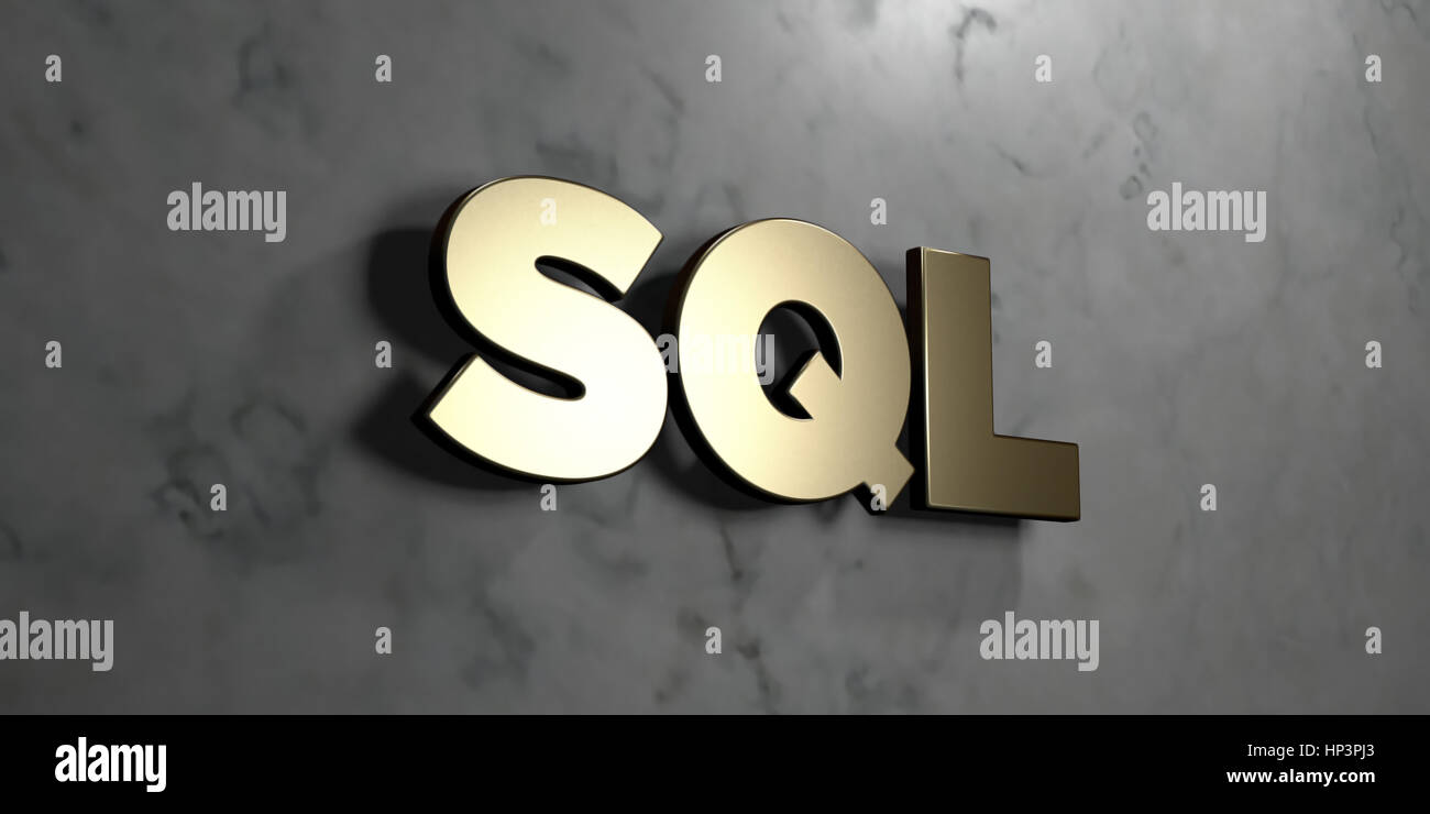 SQL - Gold Zeichen an glänzenden Marmor Wand montiert - 3D gerenderten Lizenzgebühren freie stock Illustration. Dieses Bild kann für eine Website online Banner Ad o verwendet werden Stockfoto