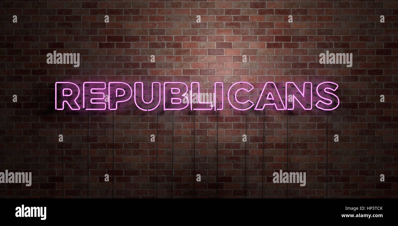 Republikaner - fluoreszierende Neon tube Zeichen auf Mauerwerk - Vorderansicht - 3D gerenderten Lizenzgebühren frei Lager Bild. Einsetzbar für Online-Bannerwerbung und dir Stockfoto