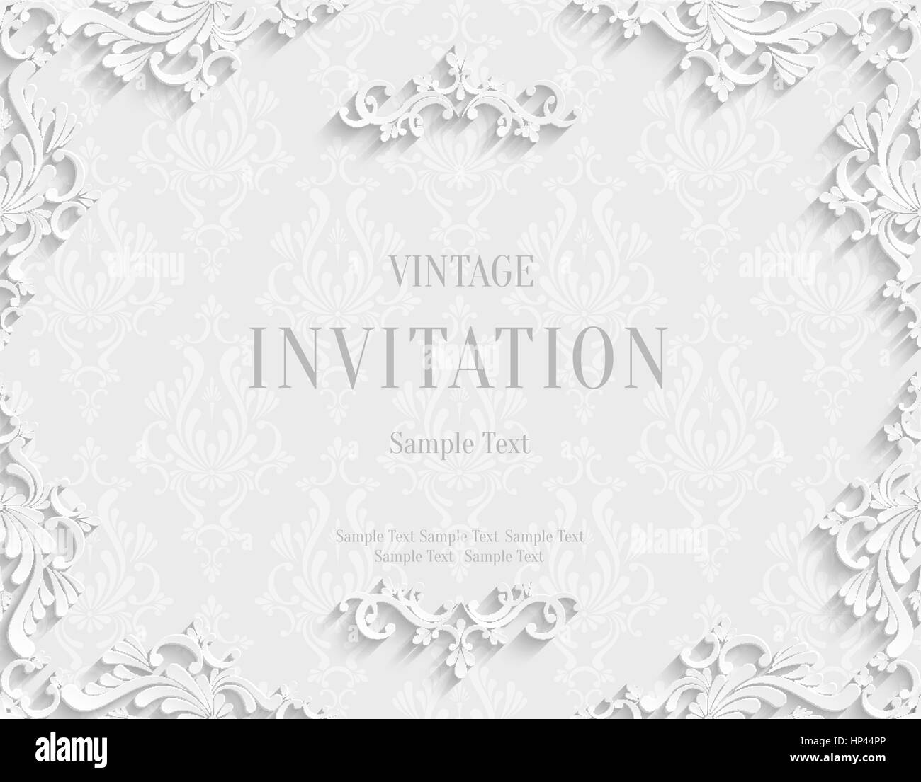 Vektor-weiße Vintage-Hintergrund mit 3d Damast Blümchenmuster Vorlage für Gruß und Einladung Kartendesign in Paper Cut Style Stock Vektor