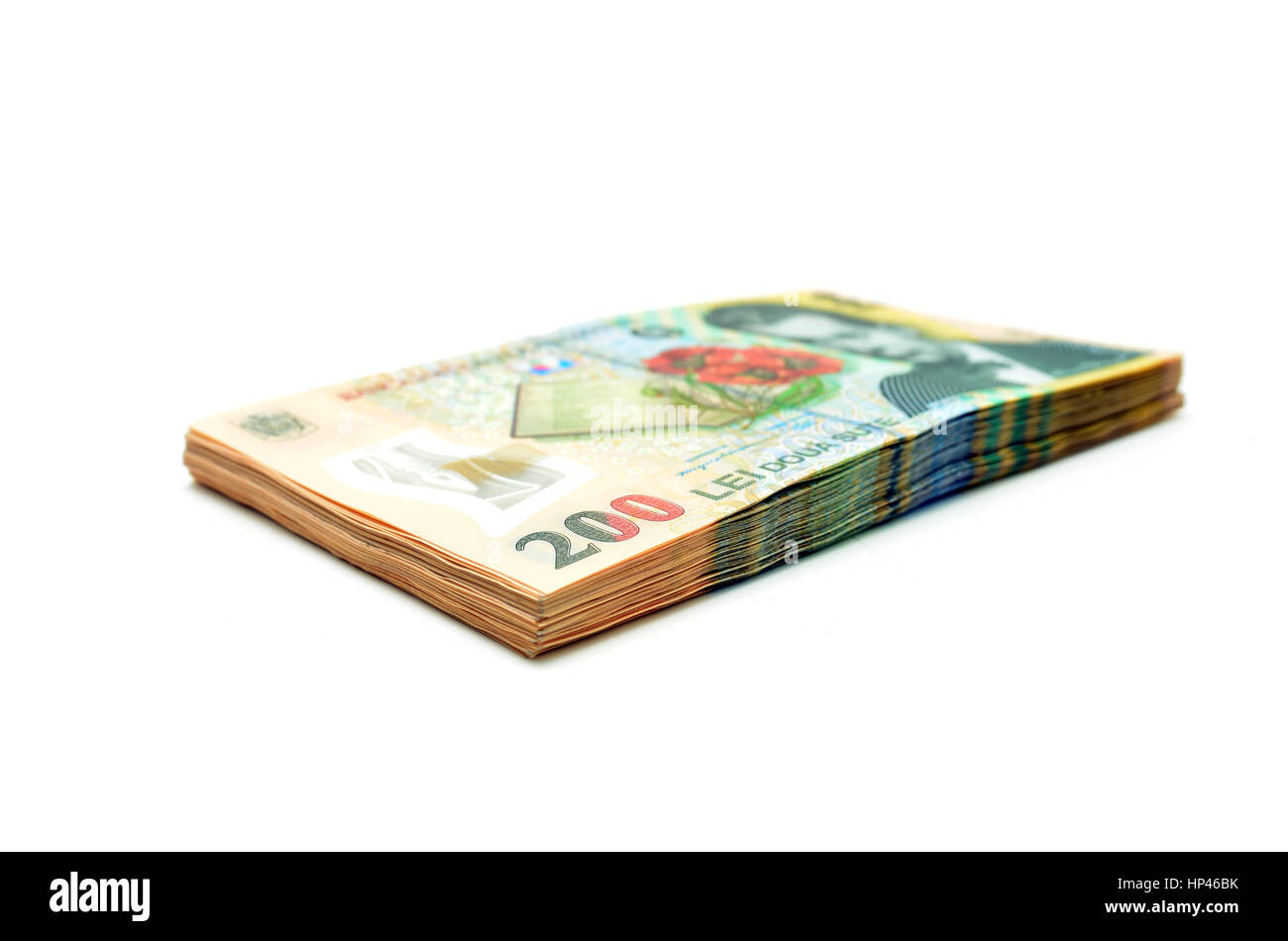 rumänische Geld Stapel isoliert auf weißem Hintergrund Stockfoto