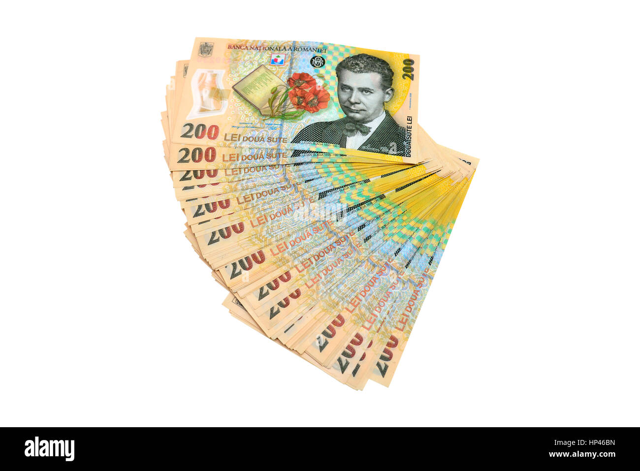 rumänische Geld Stapel isoliert auf weißem Hintergrund Stockfoto