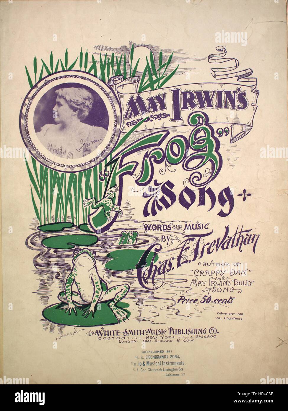 Titelbild der Noten des Liedes "Kann Irwin Frosch Lied", mit ursprünglichen Autorschaft Noten reading "Worte und Musik von Chas E Trevathan", USA, 1896. Der Verlag als "White-Smith Music Publishing Co." aufgeführt ist, die Form der Komposition ist "strophische mit Chor", die Instrumentierung ist "Klavier und Stimme", die erste Linie liest "Weg down a-dort drüben im Yankety Ruck, ein Ochsenfrosch sprang von Bank zu Bank" und der Abbildung Künstler wird als aufgeführt "E.S Fisher [Entf.]; Unattrib. Foto von Irwin ". Stockfoto