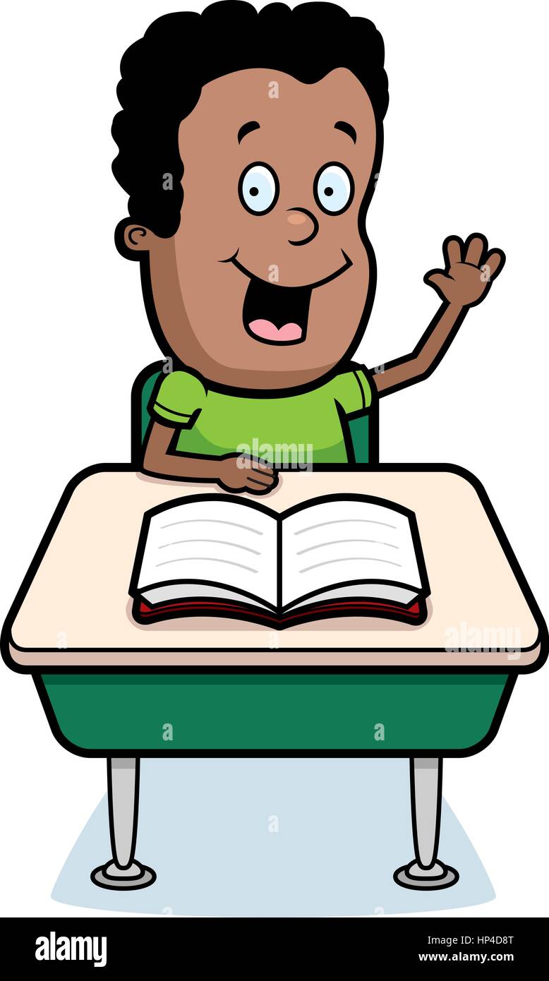 Ein glückliches Cartoon Student an einem Schreibtisch in der Schule. Stock Vektor