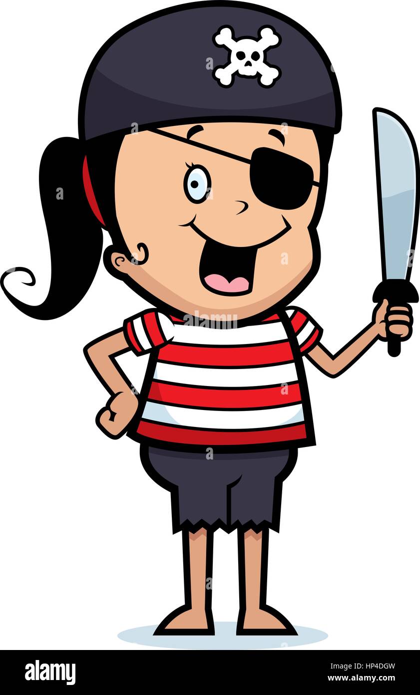 Ein glückliches Cartoon Pirat Mädchen mit einem Schwert. Stock Vektor