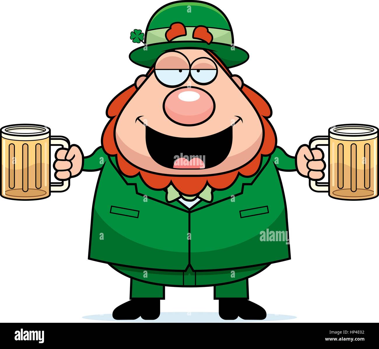 Ein glückliches Cartoon Kobold mit zwei Bier getrunken suchen. Stock Vektor