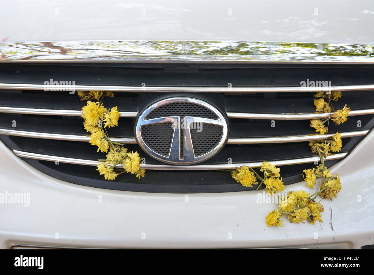 Kochi, Indien - 24. Oktober 2015 - Blumen auf Tata Auto in Indien im Rahmen des Aberglaubens, Autounfälle zu verhindern Stockfoto