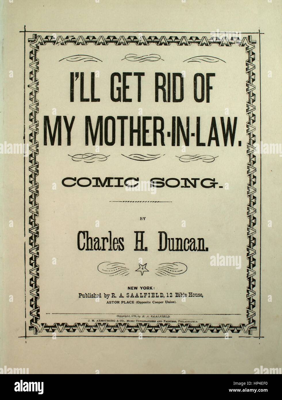Sheet Music Cover Bild Des Liedes "I ' Ll Get Rid Von My Schwiegermutter  Comic Song", Mit Ursprünglichen Autorschaft Noten Lesen "Byu Charles H  Duncan", Usa, 1879. Der Verlag Als "Ra Saalfield,