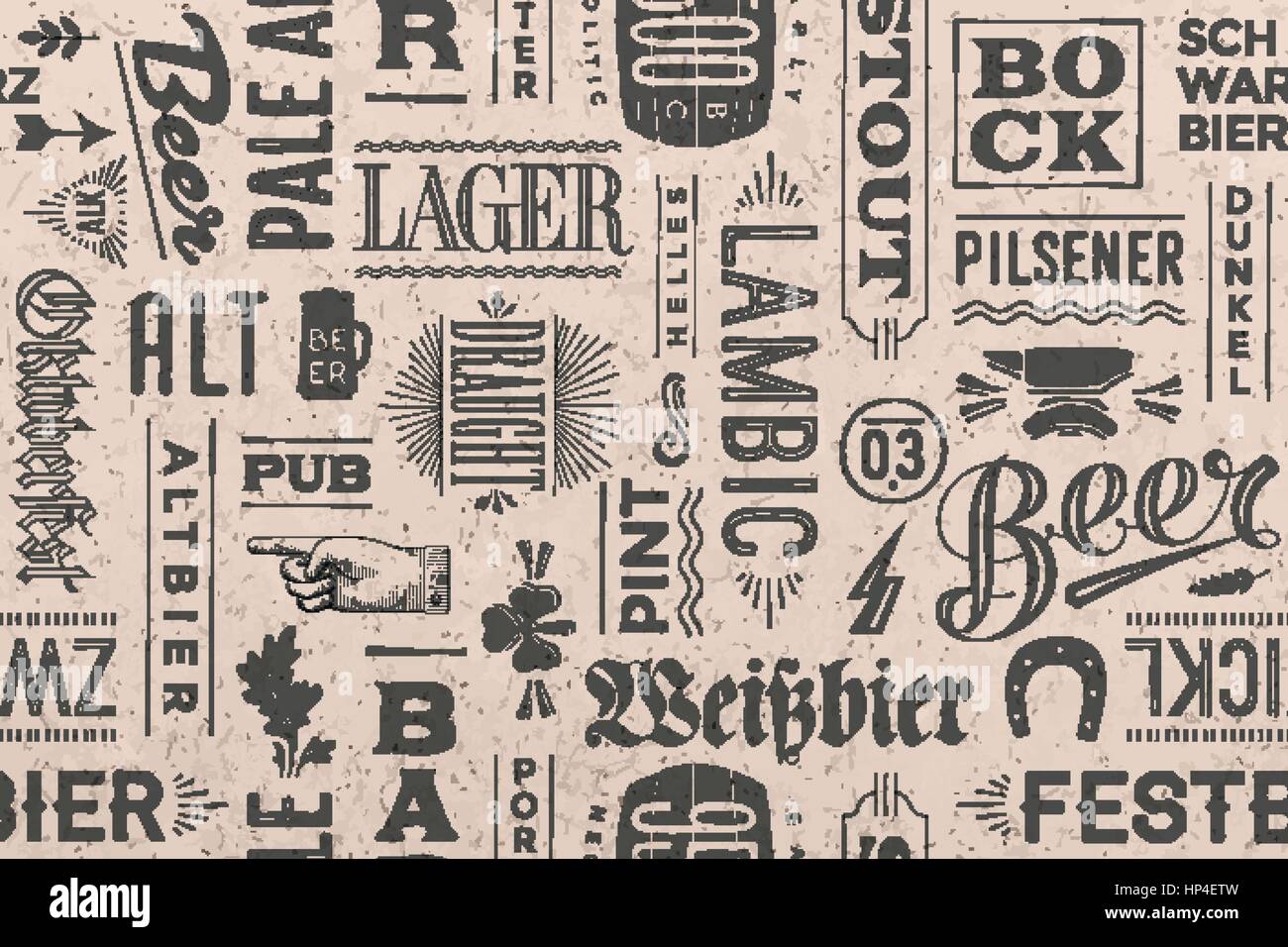 Nahtlose Muster mit Biersorten und handgezeichneten Schriftzug Stock Vektor