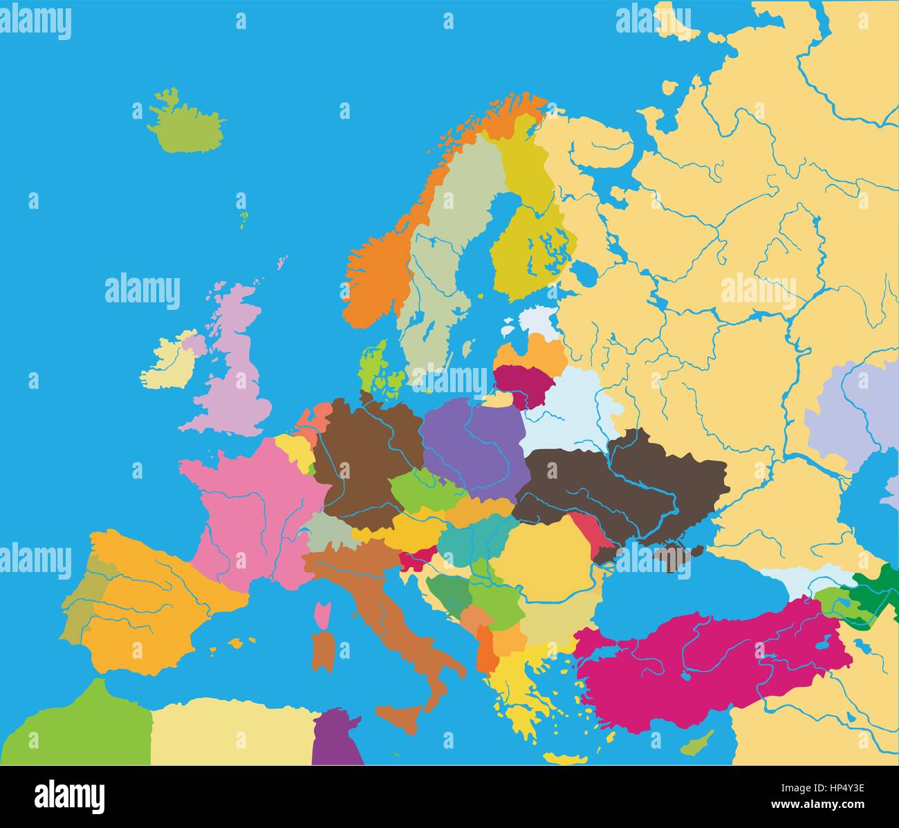 Farbe politische Landkarte Europas mit Grenzen der Länder Stock Vektor