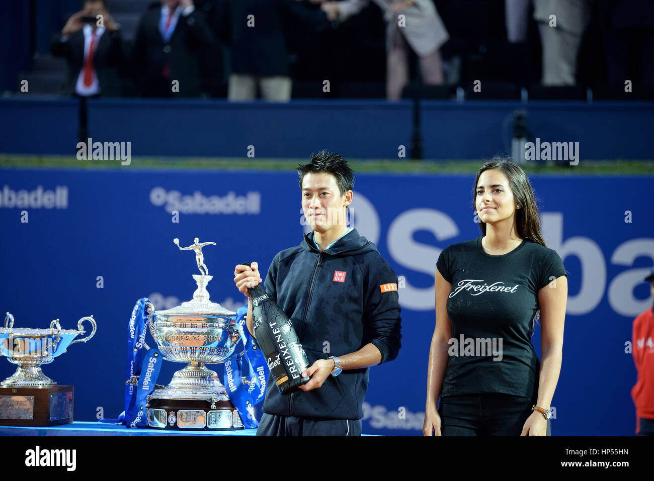 BARCELONA - 26 APR: Kei Nishikori (Tennisspieler aus Japan) feiern den Sieg auf der ATP Barcelona Open Banc Sabadell Conde de Godo-Turnier auf Stockfoto