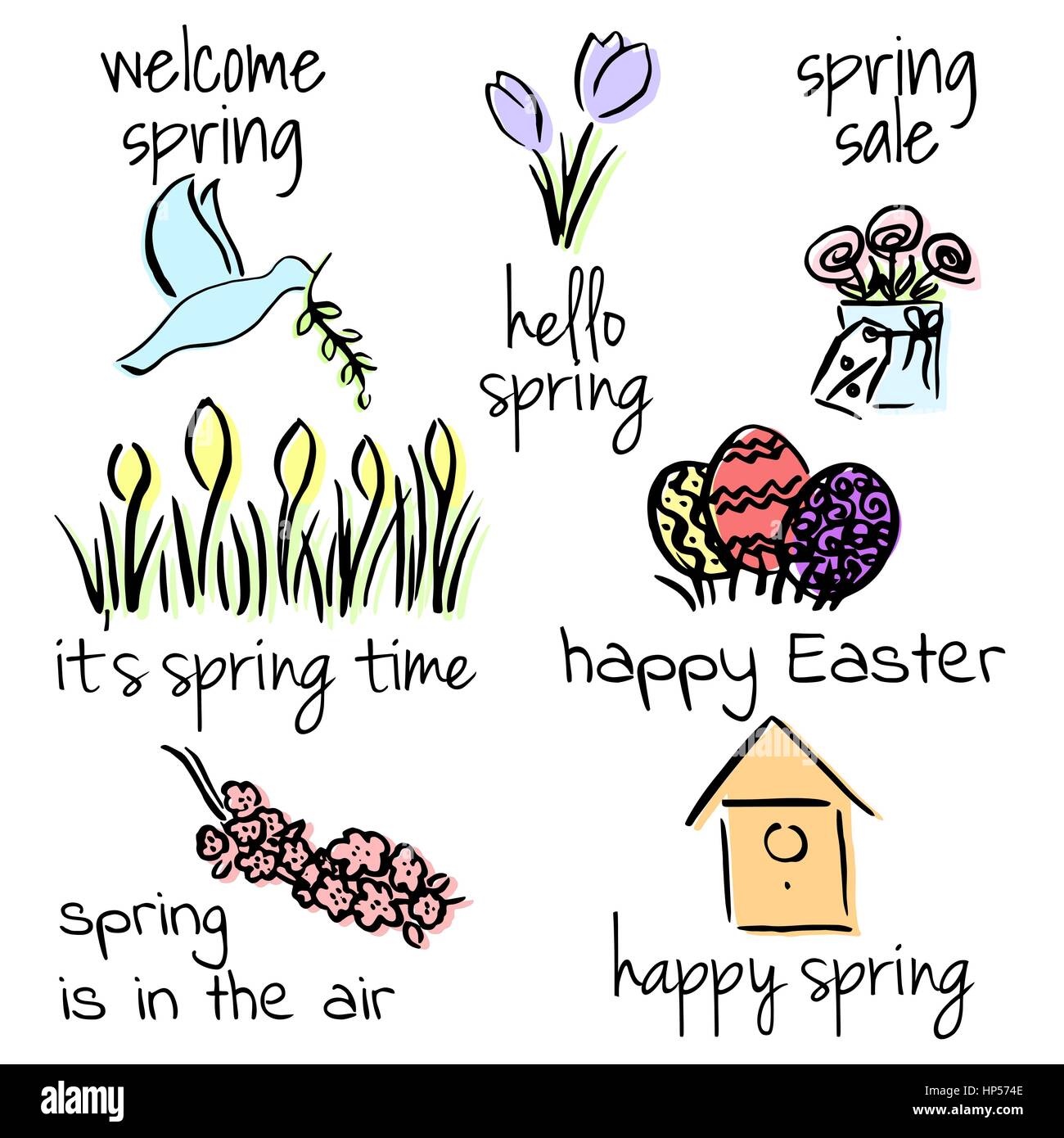 Willkommen im Frühjahr festgelegt. Frühling liegt in der Luft. Farbskizze. Erste Blumen, Vögel, Schriftzug, Ostern, Krokus, Natur zu wecken. Bouquet von blühenden flowe Stock Vektor