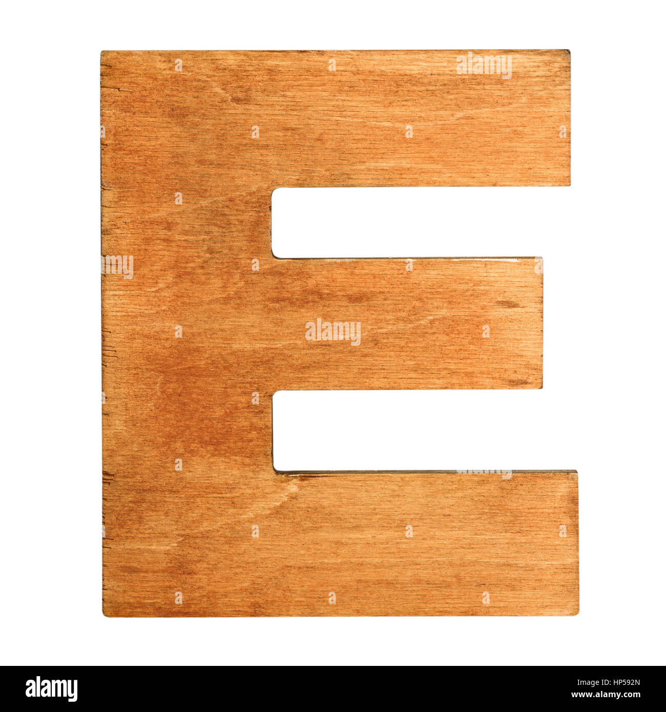 Alte hölzerne Buchstabe E auf hölzernen Hintergrund. Vintage Holz Buchstaben E. Eines vollständigen Alphabet aus Holz Stockfoto
