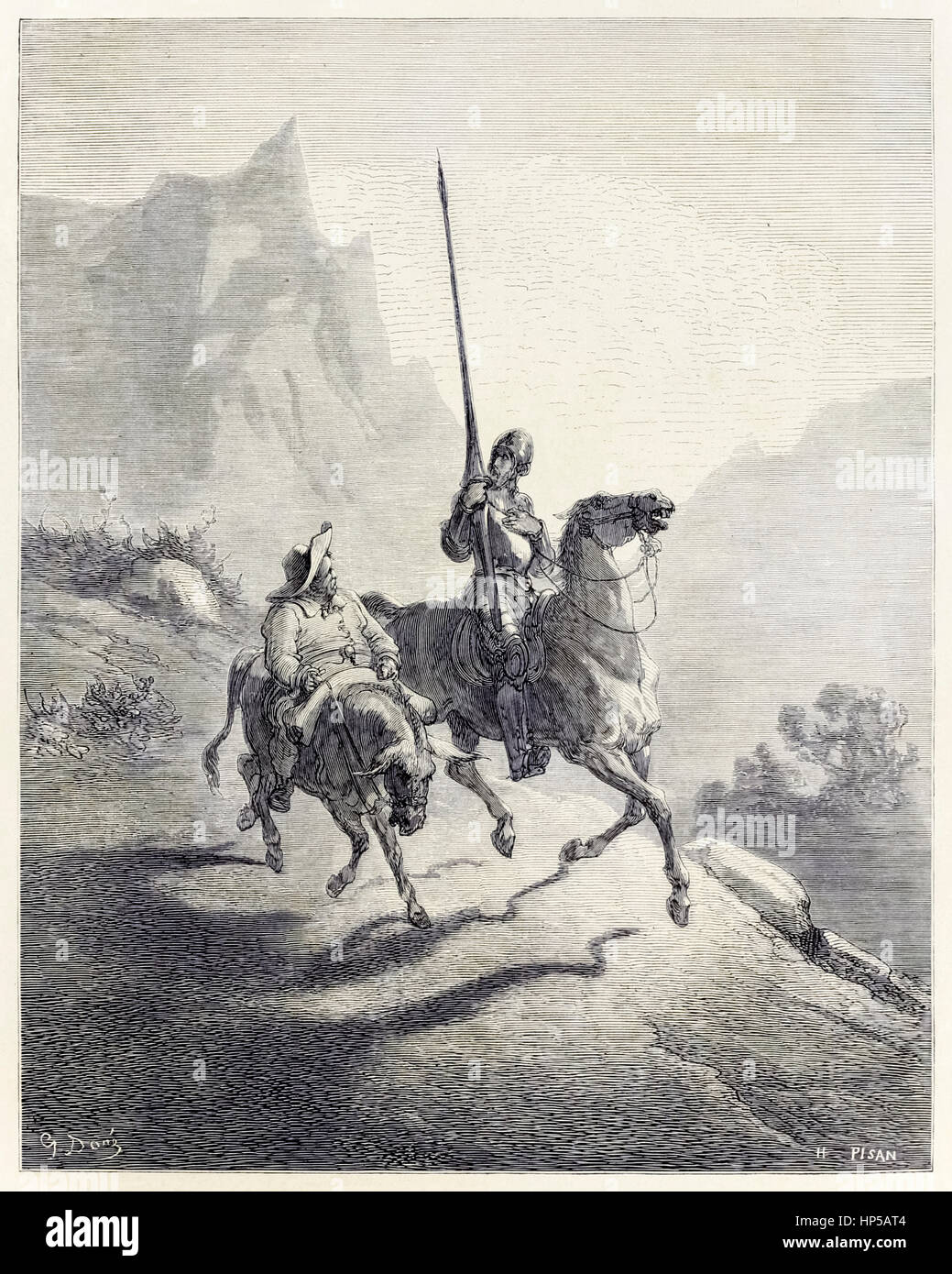 "Don Quijote und Sancho Einstellung heraus" aus "die Geschichte von Don Quijote" von Miguel de Cervantes (1547-1616), Illustration von Gustave Doré (1832-1883) Kupferstich von Héliodore Pisaner (1822-1890). Stockfoto