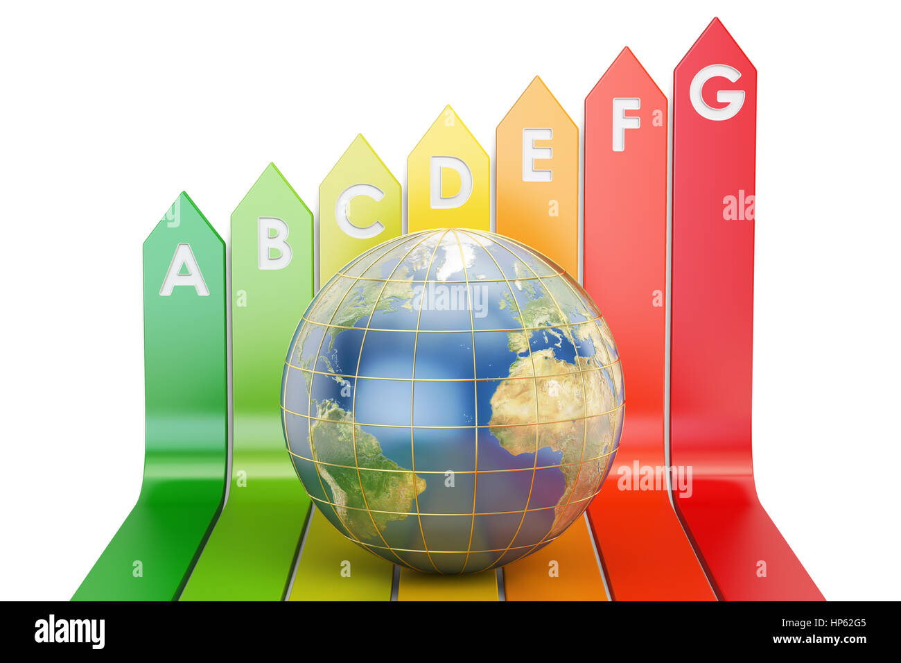 Energiekonzept Effizienz, Energie-Effizienz-Diagramm mit Globus Erde. 3D-Rendering isoliert auf weißem Hintergrund Stockfoto