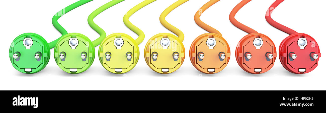 sparen Energieverbrauch Konzept, Reihe von farbigen Stecker. 3D-Rendering isoliert auf weißem Hintergrund Stockfoto