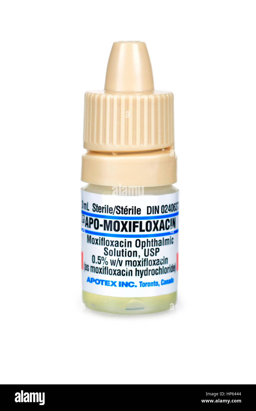 Moxifloxacin ophthalmologischen Lösung Flasche, Konjunktivitis rosa Augenbehandlung auch Pre- und Post operativ nach der Kataraktoperation. Stockfoto