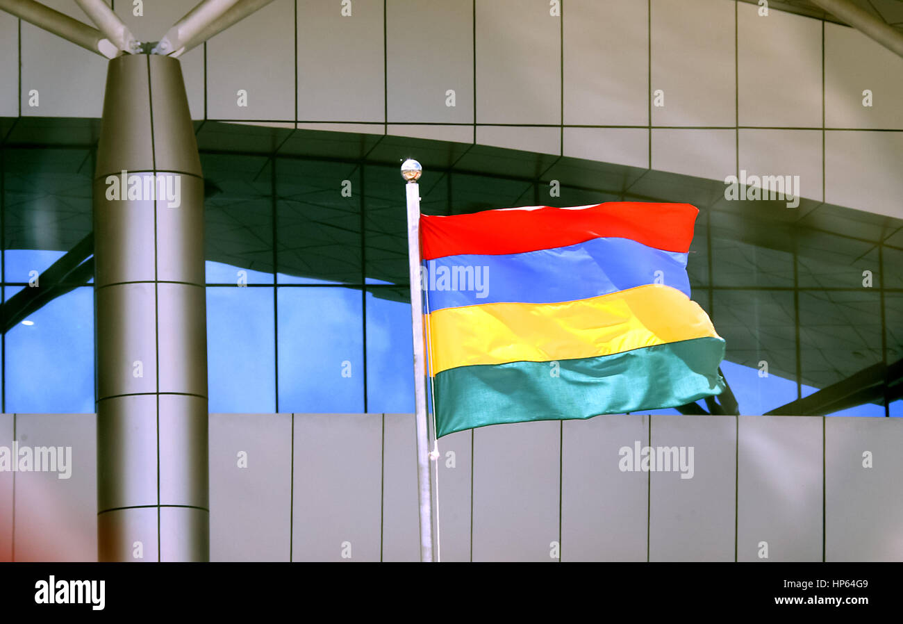 Kongresscenter in Port Louis, Nationalflagge, Mauritius, Port Louis, Kongresszentrum, Nationalflagge Stockfoto